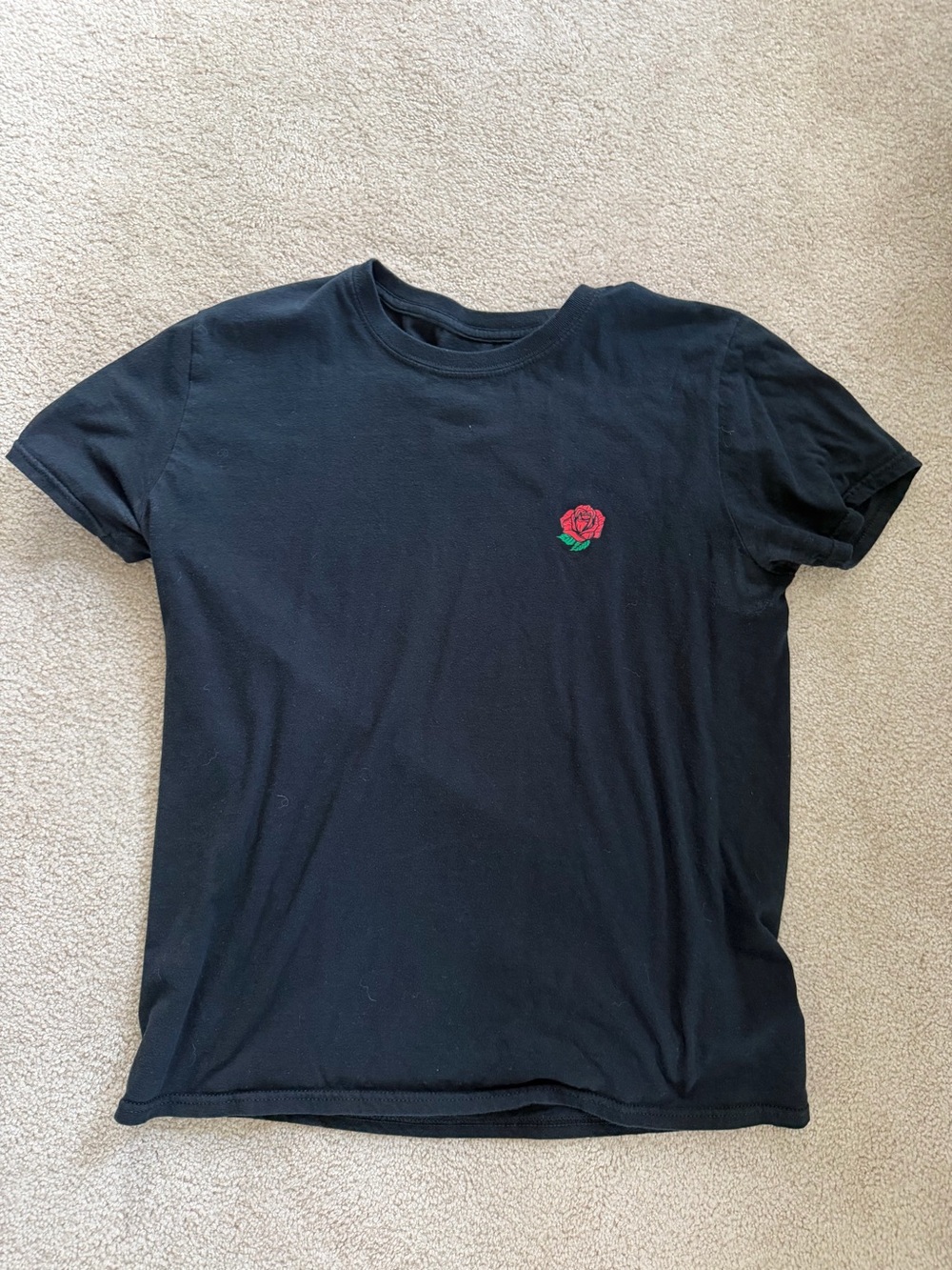 Black Short-Sleeve Tee with Red Rose
